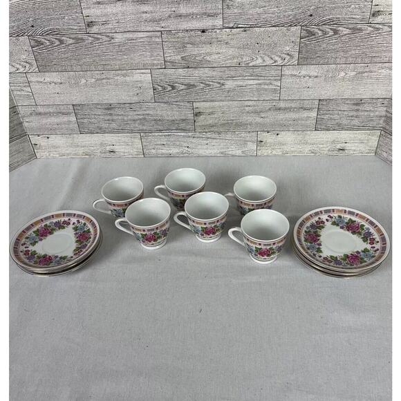 Demitasse Cups & Saucers Set Of 6 Pink Floral Porcelain Vintage Made In China - Picture 4 of 12